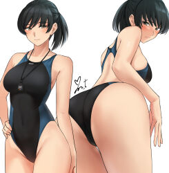 Rule 34 | 1girl, amagami, ass, black eyes, black hair, black one-piece swimsuit, breasts, competition swimsuit, covered navel, cowboy shot, from behind, hand on own hip, highres, large breasts, looking at viewer, looking back, medium breasts, multiple views, one-piece swimsuit, ponytail, signature, simple background, smile, stopwatch, stopwatch around neck, swimsuit, tsukahara hibiki, two-tone swimsuit, watch, white background, yoo tenchi
