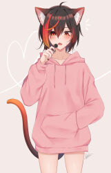 Rule 34 | 1boy, absurdres, ahoge, animal ear fluff, animal ears, bare legs, black hair, candy, cat ears, cat tail, commentary request, fang, food, heterochromia, highres, holding, holding candy, holding food, holding lollipop, hood, hoodie, lollipop, long sleeves, multicolored hair, multicolored tail, multiple boys, nz nezz, open mouth, original, pink hoodie, red eyes, red hair, solo, streaked hair, tail, trap