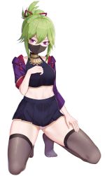 Rule 34 | 1girl, absurdres, black mask, black thighhighs, cameltoe, crop top, cropped jacket, feet, flower knot, full body, genshin impact, green hair, hair between eyes, hand on own thigh, highres, jacket, kneeling, kuki shinobu, looking at viewer, mask, midriff, miniskirt, mouth mask, no shoes, panties, pink panties, pixiv14569549, pleated skirt, ponytail, purple eyes, purple jacket, short hair, short ponytail, simple background, skirt, solo, tassel, thighhighs, thighs, toes, underwear, white background