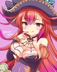 Rule 34 | 1girl, :q, bad id, bad pixiv id, bare shoulders, blush, breast hold, breasts, choker, cleavage, collarbone, covered navel, dress, female focus, gradient hair, halloween, hat, laila (p&amp;d), large breasts, long hair, looking at viewer, mashiro miru, multicolored hair, orange hair, purple background, purple eyes, purple hair, puzzle &amp; dragons, simple background, smile, solo, spider web print, tongue, tongue out, twitter username, two-tone hair, very long hair