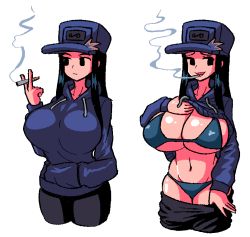 Rule 34 | 1girl, before and after, bikini, blue bikini, breasts, cassette girl, cigarette, clothes lift, dracoarcto, female focus, friday night funkin&#039;, hood, hoodie, huge breasts, mob face, newgrounds, smoking, solid eyes, solid oval eyes, sweater, sweater lift, swimsuit, variations