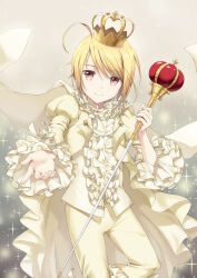 Rule 34 | 1boy, ahoge, blonde hair, cape, closed mouth, coat, crown, formal, holding, holding scepter, hotori tadase, looking at viewer, male focus, pink eyes, platinum royale, scepter, shirt, shugo chara!, smile, solo, unya (unya-unya), white cape, white shirt, yellow cape, yellow coat