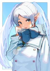 Rule 34 | 1girl, alternate eye color, blue eyes, blue scarf, border, coat, commentary request, dangle earrings, earrings, elf, frieren, hand up, highres, jewelry, long hair, long sleeves, looking at viewer, neko (hansinn), open mouth, outside border, parted bangs, pointy ears, scarf, solo, sousou no frieren, thick eyebrows, twintails, upper body, white border, white coat, white hair