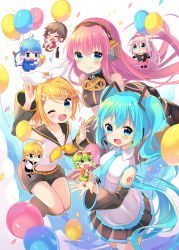 Rule 34 | 2boys, 6+girls, :d, ;d, ahoge, arm up, balloon, belt, black shirt, black shorts, black skirt, black socks, blonde hair, blue eyes, blue hair, blue neckwear, blue scarf, blush, braid, breasts, brown hair, brown legwear, brown pants, chibi, closed mouth, collarbone, commentary request, confetti, crop top, detached sleeves, double scoop, food, frilled shirt, frills, goggles, goggles on head, green eyes, green hair, green shirt, green skirt, grey shirt, gumi, hair between eyes, hair ornament, hair ribbon, hairclip, hatsune miku, headphones, headset, highres, holding, holding balloon, ia (vocaloid), ice cream, ikari (aor3507), jacket, kagamine len, kagamine rin, kaito (vocaloid), kneehighs, long hair, long sleeves, looking at viewer, medium breasts, megurine luka, meiko (vocaloid), midriff, multiple boys, multiple girls, navel, neckerchief, necktie, nose blush, off-shoulder shirt, off shoulder, one eye closed, open mouth, orange belt, pants, pink hair, pink skirt, pleated skirt, red jacket, red shirt, red skirt, ribbon, sailor collar, sailor shirt, scarf, shirt, shirt straps, short hair, short shorts, shorts, skirt, sleeveless, sleeveless shirt, smile, socks, sparkle, very long hair, vocaloid, white background, white jacket, white ribbon, white shirt, wide sleeves, yellow neckerchief