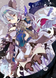 Rule 34 | 10s, 1girl, :o, animal ears, armor, armored dress, blush, breasts, bubble, cat ears, cat girl, cleavage, copyright name, covered erect nipples, dress, erune, female focus, fingerless gloves, gloves, granblue fantasy, hair between eyes, hand to own mouth, headband, heles, highres, large breasts, long hair, short dress, silver hair, solo, takazawa tama, thighhighs, yellow eyes, zettai ryouiki