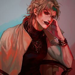 Rule 34 | 1boy, :d, black shirt, blonde hair, chair, dio brando, earrings, evil grin, evil smile, green eyes, green lips, grin, highres, jewelry, jojo no kimyou na bouken, lipstick, looking at viewer, makeup, male focus, meron nouka, necklace, open mouth, shirt, short hair, sitting, smile, solo, stardust crusaders