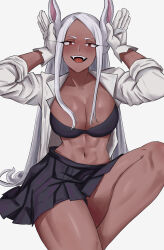 Rule 34 | 1girl, :d, abs, animal ears, black bra, boku no hero academia, bra, breasts, cleavage, collarbone, dark-skinned female, dark skin, fangs, gloves, hands up, highres, knee up, large breasts, long eyelashes, long hair, looking at viewer, mirko, navel, open clothes, open mouth, open shirt, parted bangs, pleated skirt, rabbit ears, rabbit girl, rabbit pose, red eyes, shadertoons, shirt, sitting, skirt, sleeves rolled up, smile, solo, stomach, teeth, thighs, toned, underwear, upper teeth only, white background, white gloves, white hair, white shirt