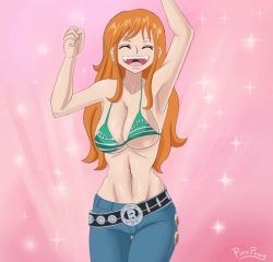 Rule 34 | animated, animated gif, armpits, arms up, belt, bikini, bikini top only, bouncing breasts, breasts, collarbone, dancing, denim, earrings, closed eyes, happy, jeans, jewelry, large breasts, long hair, loose belt, nami (one piece), navel, one piece, open mouth, orange hair, pants, pink background, pinkpawg, smile, sparks, swimsuit, teeth, tongue, upper teeth only