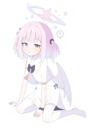 Rule 34 | 1girl, absurdres, alternate hairstyle, angel wings, blue archive, dress, hagoonha, halo, highres, looking at viewer, medium hair, mika (blue archive), pantyhose, pink hair, solo, white dress, white pantyhose, white wings, wings, yellow eyes