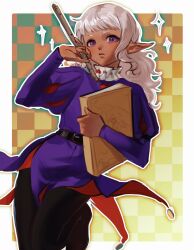 Rule 34 | 1boy, absurdres, androgynous, belt, black pants, book, border, checkered background, coin (ornament), dark-skinned male, dark elf, dark skin, dungeon meshi, elf, flute, grimoire, highres, holding, holding book, holding flute, holding instrument, instrument, jester, jester costume, long hair, long sleeves, looking at viewer, male focus, neck ruff, pants, pointy ears, puff and slash sleeves, puffy sleeves, purple eyes, purple tunic, short bangs, sidelocks, solo, standing, standing on one leg, thistle (dungeon meshi), wavy hair, white border, white hair, zhuyi66485