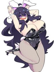 Rule 34 | 1girl, 2023, :d, @ @, ahoge, alternate breast size, animal ears, arm up, bellupup, black leotard, breasts, commission, creatures (company), curvy, fake animal ears, fake tail, fishnet pantyhose, fishnets, game freak, hex maniac (pokemon), highres, huge breasts, leotard, long hair, mixed-language commentary, nintendo, open mouth, pantyhose, paw pose, playboy bunny, pokemon, pokemon xy, purple eyes, purple hair, rabbit ears, rabbit pose, rabbit tail, shiny clothes, shiny skin, skeb commission, smile, solo, tail, thighs, very long hair, wrist cuffs