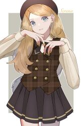 Rule 34 | 1girl, alternate costume, beret, blonde hair, border, brown hat, brown vest, buttons, character name, commentary request, cowboy shot, creatures (company), eyelashes, game freak, grey eyes, hands up, hat, highres, kana (kanna runa0620), long hair, long sleeves, looking at viewer, nail polish, nintendo, outside border, parted lips, plaid, plaid vest, pleated skirt, pokemon, pokemon xy, serena (pokemon), shirt, skirt, solo, vest, white border, yellow nails