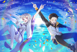 ^_^ black_hair blunt_bangs closed_eyes dress emilia_(re:zero) frilled_dress frilled_sleeves frills hair_ornament hair_slicked_back highres long_hair midair natsuki_subaru petals pointing pointing_up purple_eyes rainbow re:zero_kara_hajimeru_isekai_seikatsu ribbon short_hair silver_hair sky track_suit x_hair_ornament yuzouni