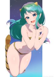 Rule 34 | 1girl, absurdres, animal print, bare shoulders, bikini, blue eyes, boots, border, breasts, cone horns, fang, full body, green hair, highres, horns, inuinuo gataken, long hair, looking at viewer, lum, medium breasts, navel, night, night sky, oni, open mouth, pointy ears, sky, smile, solo, star (sky), stomach, strapless, swimsuit, tiger print, urusei yatsura, white border