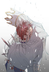 Rule 34 | 1boy, 1girl, blood, blood on face, blood on clothes, crying, crying with eyes open, dress of heaven, emiya shirou, fate/stay night, fate (series), gamjajeon11, hand on another&#039;s head, hat, heaven&#039;s feel, hug, illyasviel von einzbern, red hair, simple background, sword, tears, upper body, weapon, white hair, yellow eyes