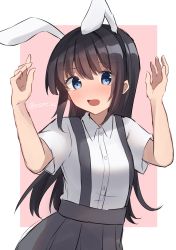 Rule 34 | 1girl, animal ears, asashio (kancolle), black hair, blue eyes, blush, commentary request, fake animal ears, grey skirt, hair between eyes, highres, kantai collection, long hair, looking at viewer, open mouth, rabbit ears, shirasumato, shirt, short sleeves, simple background, skirt, solo, suspender skirt, suspenders, twitter username, two-tone background, upper body, white shirt