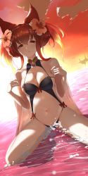 Rule 34 | 1girl, absurdres, aiu eo, animal ears, anthuria, bad id, bad twitter id, breasts, cleavage, erune, flower, granblue fantasy, hair flower, hair ornament, hair up, highres, looking at viewer, medium breasts, red eyes, red hair, ribbon, sitting, solo, sunset, swimsuit, water