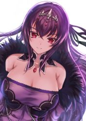 Rule 34 | 1girl, black bow, bow, breasts, cleavage, closed mouth, detached collar, fate/grand order, fate (series), gem, grangrangao, hair between eyes, hair bow, hair intakes, highres, large breasts, long hair, looking at viewer, purple hair, purple theme, red eyes, scathach (fate), scathach skadi (fate), simple background, smile, solo, upper body, white background