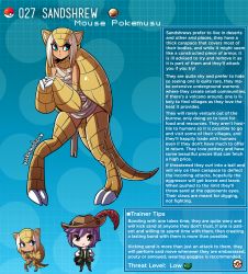 Rule 34 | 1boy, 1girl, artist name, blonde hair, blue eyes, brown eyes, character profile, claws, commentary, creatures (company), english commentary, english text, game freak, gen 1 pokemon, highres, kinkymation, nintendo, personification, poke ball, pokemon, profile, purple hair, sandshrew, sweatdrop, tail, tan