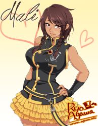Rule 34 | 1girl, agawa ryou, artist name, bad id, bad tumblr id, bare shoulders, belt, borrowed character, braid, breasts, brown hair, character name, curvy, dark-skinned female, dark skin, detached sleeves, frilled skirt, frills, hand on own hip, heart, large breasts, light smile, lips, long hair, looking at viewer, narrow waist, original, red eyes, scar, skirt, smile, solo, standing, thick lips, thick thighs, thighs, twin braids, watermark, web address, wide hips