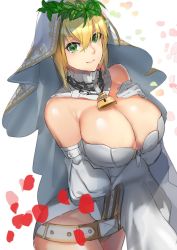Rule 34 | &gt;:), 10s, 1girl, bare shoulders, blonde hair, blush, breast hold, breasts, chain, cleavage, closed mouth, cowboy shot, detached sleeves, fate/extra, fate/extra ccc, fate (series), full-length zipper, green eyes, large breasts, laurel crown, leotard, lock, long sleeves, looking at viewer, nero claudius (bride) (fate), nero claudius (bride) (third ascension) (fate), nero claudius (fate), nero claudius (fate) (all), padlock, petals, sleeves past wrists, smile, solo, three k (spiritus no honoo), v-shaped eyebrows, veil, white leotard, zipper