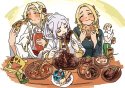 Rule 34 | 4girls, biting, black shirt, blonde hair, blush, braid, bread, breasts, burger, chewing, chips (food), closed eyes, commentary, condensation, crossover, cup, dessert, drink, drinking straw, dungeon meshi, ear blush, eating, edomae elf, eldali ilma fanomenel, elf, elf-san wa yaserarenai., erufuda-san, female focus, flower, food, food on face, fork, french fries, frieren, gelatin, grey hair, gym uniform, hair flower, hair ornament, hair ribbon, highres, holding, holding burger, holding cup, holding food, holding fork, holding knife, holding pizza, holding utensil, ice cream, kitchen knife, knife, large breasts, long hair, long sleeves, macaron, marcille donato, momo no suidou-sui, multiple girls, parted bangs, pizza, pizza slice, plate, pointy ears, potato chips, red ribbon, ribbon, robe, shirt, short hair, short sleeves, smile, soup, sousou no frieren, steak, sweatdrop, table, trait connection, twin braids, twintails, white background, white robe, white shirt, wide sleeves