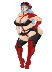 Rule 34 | 1girl, between breasts, black bodysuit, blue eyes, blue eyeshadow, blue hair, bodysuit, boots, breasts, eyeshadow, full body, gloves, goggles, goggles on head, greta karas, high heel boots, high heels, highres, komii, large breasts, lipstick, long hair, looking at viewer, makeup, mole, mole under eye, o-ring, old, old woman, plump, red gloves, sentou mecha xabungle, sidelocks, simple background, solo, standing, thick thighs, thighs, white background