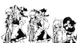 Rule 34 | 2girls, age progression, annoyed, apron, arms up, back bow, bow, chinese commentary, closed eyes, commentary request, detached sleeves, feet out of frame, frilled bow, frilled hair tubes, frills, greyscale, hair bow, hair tubes, hakurei reimu, hands on headwear, hat, hat bow, hatching (texture), highres, japanese clothes, kirisame marisa, linear hatching, long hair, long sleeves, looking at another, monochrome, multiple girls, multiple views, open mouth, profile, ribbon-trimmed sleeves, ribbon trim, simple background, skirt, smile, standing, touhou, vest, waist apron, walking, watermark, weibo logo, white background, wide sleeves, witch hat, ya17033999