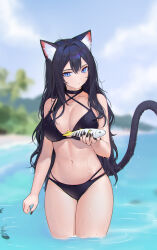 Rule 34 | 1girl, animal ears, bare arms, bare shoulders, beach, bikini, black bikini, black choker, black hair, black nails, blue eyes, blurry, breasts, cat ears, cat girl, cat tail, choker, cleavage, closed mouth, commission, criss-cross halter, depth of field, fish, halterneck, highres, holding, large breasts, long hair, looking at viewer, multi-strapped bikini, nail polish, navel, original, siun, solo, standing, stomach, string bikini, swimsuit, tail, tail raised, thighs, very long hair, wading, water, wet