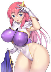 Rule 34 | 1girl, blue eyes, breasts, commentary request, covered erect nipples, cowboy shot, gloves, gundam, gundam seed, gundam seed destiny, hair ornament, highleg, highleg leotard, impossible clothes, impossible leotard, large breasts, leotard, long hair, looking at viewer, meer campbell, nagase haruhito, pink hair, purple skirt, simple background, skirt, unworn skirt, solo, star (symbol), star hair ornament, two-tone leotard, white background, white gloves