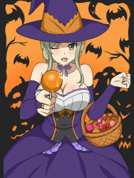 Rule 34 | an-bl, blonde hair, blush, breasts, candy, cleavage, food, green eyes, halloween, hat, indirect kiss, large breasts, one eye closed, saliva, school girl strikers, smile, tongue, tongue out, witch hat, yaginuma io