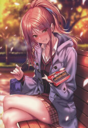 Rule 34 | 1girl, absurdres, bag, bench, blurry, blurry background, brown eyes, cherry blossoms, crossed legs, day, fingernails, food, hair ornament, hanikami kanojo, high ponytail, highres, holding, holding food, hood, hood down, lips, long hair, long sleeves, looking at viewer, myouga satsuki, outdoors, parted lips, petals, piromizu, pocky, ponytail, red hair, scan, school bag, school uniform, simple background, sitting, skirt, smile, teeth, thighs, tree, winter clothes, x hair ornament