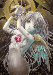 Rule 34 | 1girl, acrylic paint (medium), barcode, chain, chained, chain, colored skin, crystal, cuffs, gears, grey hair, jewelry, long hair, monster girl, navel, nude, original, painting (medium), pale skin, restrained, solo, toyoda izumi, traditional media, white skin, wings