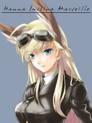 Rule 34 | 1girl, ahoge, blonde hair, blue background, blue eyes, boilers0925, character name, goggles, goggles on head, hanna-justina marseille, head wings, long hair, military, military uniform, portrait, smile, solo, strike witches, uniform, wings, witches of africa, world witches series