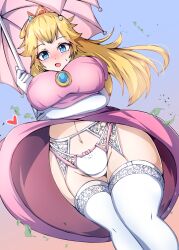 Rule 34 | 1girl, arm under breasts, blonde hair, blue background, blue eyes, blue gemstone, blush, bow, bow panties, breasts, bright pupils, brooch, clothes lift, crown, dress, dress lift, eyelashes, garter belt, garter straps, gem, gloves, gradient background, groin, heart, highres, holding, holding umbrella, jewelry, kuroron966, lace, lace-trimmed legwear, lace garter belt, lace panties, lace trim, large breasts, leaf, long hair, looking at viewer, mario (series), navel, nintendo, open mouth, panties, parasol, pink background, pink bow, pink dress, pink panties, pink umbrella, princess, princess peach, solo, super mario bros. 1, sweatdrop, thighhighs, thighs, umbrella, underwear, white garter belt, white gloves, white panties, white pupils, white thighhighs, wind, wind lift