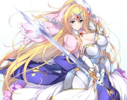 Rule 34 | 1girl, armor, armored dress, blonde hair, blush, breasts, capelet, cleavage, closed mouth, elbow gloves, frills, glint, gloves, green eyes, hair ornament, hair ribbon, half updo, headgear, holding, holding sword, holding weapon, knight, large breasts, long hair, looking at viewer, minamon (vittel221), pink ribbon, ponytail, ribbon, smile, solo, sword, unionism quartet, unionism quartet a-3 days, very long hair, weapon, white background, white gloves, yurifina sol ereanoruto