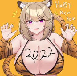 Rule 34 | 1girl, 2022, absurdres, animal ear fluff, animal ears, animal print, arknights, bikini, body writing, breasts, chinese zodiac, cleavage, elbow sleeve, fang, happy new year, highres, huge breasts, kanta (kanta 077), light brown hair, monkey ears, nail polish, new year, open mouth, paw pose, purple eyes, short hair, simple background, solo, swimsuit, tail, tiger print, tiger stripes, tiger tail, upper body, utage (arknights), v-shaped eyebrows, year of the tiger, yellow background, yellow nails