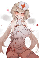 Rule 34 | 1girl, at2., blood, blood on clothes, blood on face, blush, brown hair, fang, fingerless gloves, garter straps, gloves, grin, hat, highres, long hair, nurse, nurse cap, original, parted lips, red eyes, smile, solo, teeth, thighhighs, twintails, v over mouth, white gloves, white thighhighs