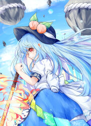 Rule 34 | 1girl, black headwear, blue hair, blue skirt, closed mouth, commentary, highres, hinanawi tenshi, keystone, leaf, long hair, looking at viewer, peach hat ornament, rainbow order, red eyes, ro.ro, rope, shimenawa, shirt, short sleeves, skirt, smile, solo, sword of hisou, touhou, white shirt