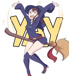 Rule 34 | 1girl, 2017, arms up, text background, belt, broom, broom riding, brown hair, dress, full body, happy, hat, highres, kagari atsuko, knees together feet apart, little witch academia, luna nova school uniform, motion lines, open mouth, pale skin, red eyes, school uniform, simple background, solo, tagme, white background, wide sleeves, witch hat, zero momentai