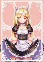 Rule 34 | 10s, 1girl, 2013, animal ears, blonde hair, choker, clothes lift, collarbone, dated, dress, dress lift, ecell, elin, frilled dress, frills, garter straps, gloves, heart, lace, lace-trimmed gloves, lace trim, long hair, looking at viewer, maid, maid headdress, rabbit ears, signature, simple background, smile, solo, tera online, thighhighs, white gloves, yellow eyes