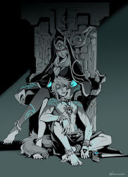 Rule 34 | 1boy, 1girl, collar, animal collar, dog tail, furry, glowing, glowing markings, height difference, crossed legs, link, midna, midna (true), monochrome, nintendo, pointy ears, sitting, spoilers, spot color, tail, tak (karasuki), the legend of zelda, the legend of zelda: twilight princess, throne