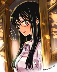 Rule 34 | 1girl, :d, black-framed eyewear, black hair, blush, breasts, buttons, collared shirt, commentary request, dress shirt, from side, glasses, himawari-san, himawari-san (character), long hair, looking at viewer, open mouth, purple eyes, purple shirt, shirt, sideways glance, signature, sketch, smile, solo, speech bubble, sugano manami, translation request, upper body