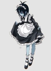 Rule 34 | 1other, absurdres, alternate costume, androgynous, antenna hair, apron, black dress, black footwear, black hair, blue skin, colored skin, deltarune, dress, enmaided, expressionless, frilled apron, frilled dress, frilled socks, frills, from side, full body, grey background, hair between eyes, highres, kneehighs, kris (deltarune), long sleeves, looking at viewer, maid, maid apron, maid headdress, mary janes, neck ribbon, other focus, red eyes, ribbon, shaded face, shoes, short hair, signature, simple background, skirt hold, socks, solo, sonokare, standing, tachi-e