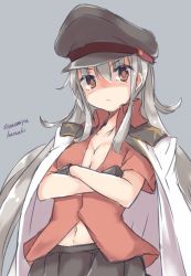 Rule 34 | 1girl, breasts, scar on face, gangut (kancolle), gloves, grey background, grey hair, hat, jacket, jacket on shoulders, kantai collection, looking at viewer, medium breasts, military, military hat, military jacket, military uniform, naval uniform, onomiya, peaked cap, red eyes, red shirt, scar, scar on cheek, scar on face, shirt, simple background, solo, uniform