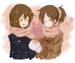 Rule 34 | 2girls, bad id, bad pixiv id, brown hair, ea (parallel worlds), closed eyes, hirasawa ui, hirasawa yui, k-on!, mittens, multiple girls, scarf, shared clothes, shared scarf, short hair, siblings, sisters