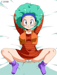 Rule 34 | 1girl, afro, alternate hairstyle, amedama akihito, armpits, arms up, bed, blue eyes, blue hairband, blush, breasts, bulma, closed mouth, dragon ball, dragonball z, dress, feet, female focus, from above, full body, green hair, groin, hairband, legs, looking at viewer, lying, medium breasts, old school academy, panties, pantyshot, smile, solo, spread legs, thighs, underwear, white background, white panties
