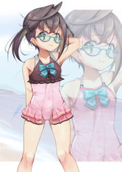 Rule 34 | 1girl, adapted costume, aqua-framed eyewear, aqua bow, aqua bowtie, black hair, bow, bowtie, brown shirt, casual one-piece swimsuit, crop top, feet out of frame, glasses, green eyes, highres, kantai collection, multicolored hair, okinami (kancolle), okinami kai ni (kancolle), one-piece swimsuit, pink hair, pink one-piece swimsuit, shirt, short hair, side ponytail, sleeveless, sleeveless shirt, solo, swimsuit, swimsuit skirt, yashin (yasinz), zoom layer
