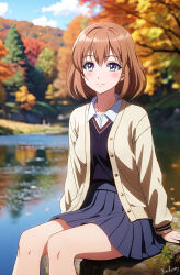 1girl arms_at_sides autumn autumn_leaves black_skirt black_sweater_vest blue_eyes blush bob_cut breasts buttons cardigan closed_mouth cloud cloudy_sky commentary cowboy_shot falling_leaves highres karoron lake leaf light_brown_hair looking_at_viewer medium_hair on_rock open_cardigan open_clothes original outdoors pleated_skirt reflection reflective_water school_uniform shirt signature sitting skirt sky small_breasts smile solo sweater_vest water white_shirt yellow_cardigan