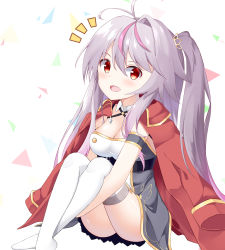 Rule 34 | 1girl, :d, absurdres, antenna hair, azur lane, blush, breasts, cleavage, collar, commentary request, crossed ankles, detached collar, dress, grenville (azur lane), grey dress, grey hair, hair between eyes, hair ornament, highres, jacket, jacket on shoulders, looking at viewer, medium breasts, multicolored hair, no shoes, notice lines, one side up, open mouth, purple hair, red eyes, red jacket, roido (taniko-t-1218), single hair intake, smile, solo, strapless, strapless dress, streaked hair, thighhighs, white collar, white thighhighs, wing collar